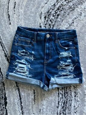 American Eagle Outfitters Dark Blue Distressed Denim Roll Cuff Jean Shorts